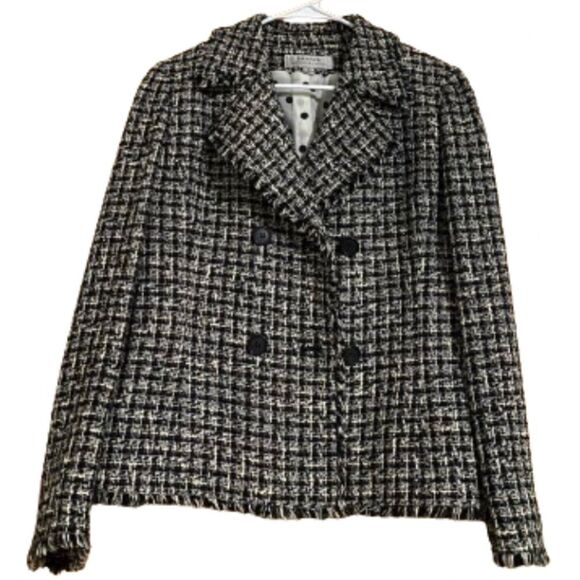 TAHARI ASL WOMENs BLACK & WHITE DOUBLE BREASTED FRAYED-TRIM TWEED BLAZER Sz-10 - Picture 1 of 6
